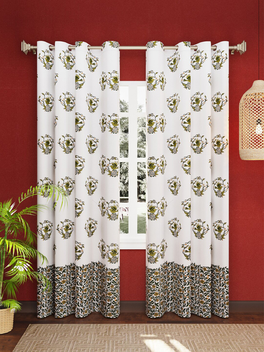LIVING ROOTS White 2 Pieces Block Printed Elegant Pure Cotton Door Curtains With Ring