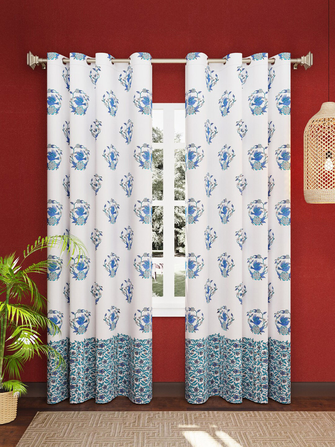 LIVING ROOTS White 2 Pieces Block Printed Elegant Pure Cotton Door Curtains With Ring
