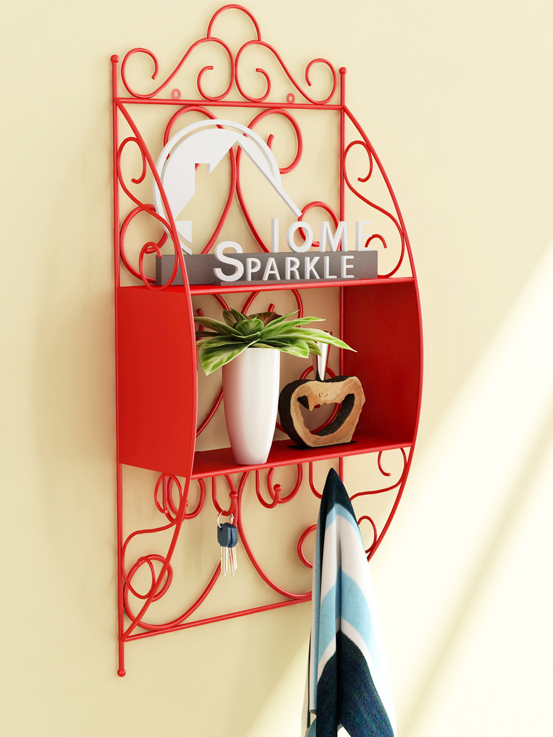 Home Sparkle Red Wall Shelf with Cut Work
