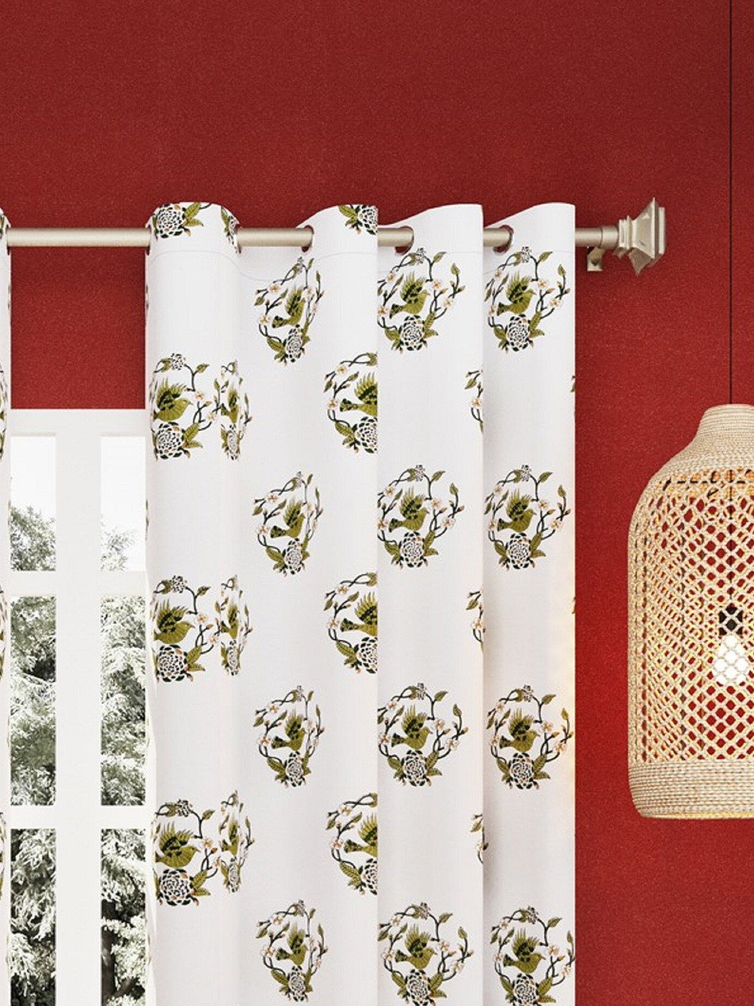 LIVING ROOTS White 1 Piece Ethnic Block Print Pure Cotton Door Curtain with Rings