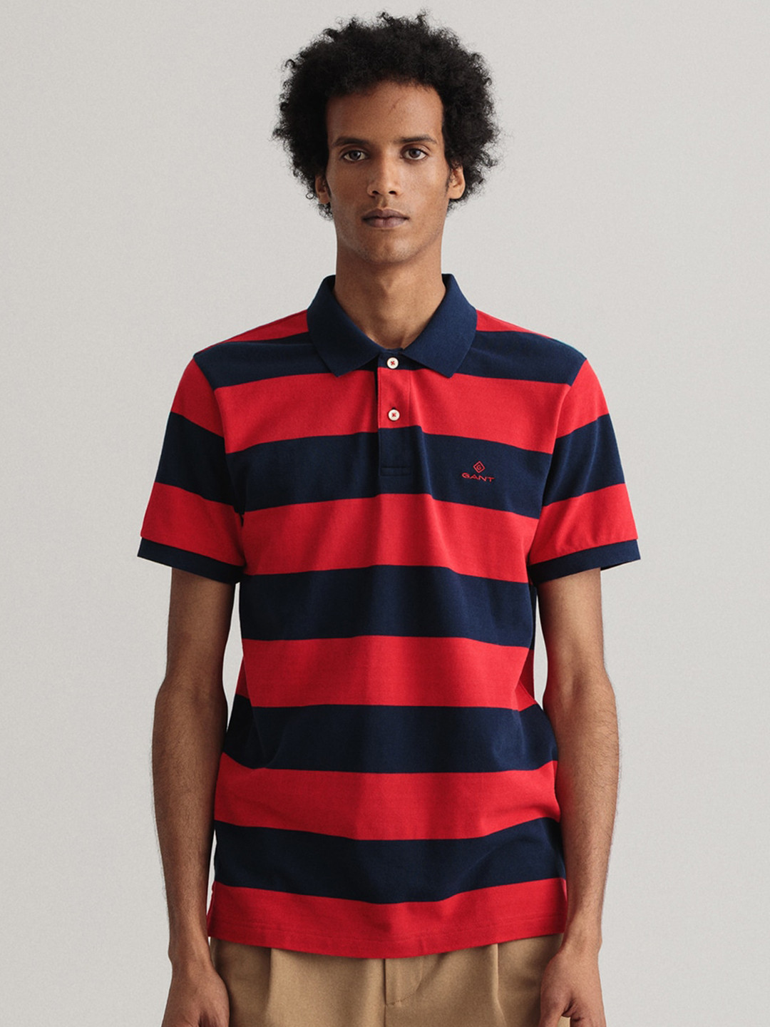 GANT Men Red & Navy Blue Striped Polo Collar Cotton T-shirt