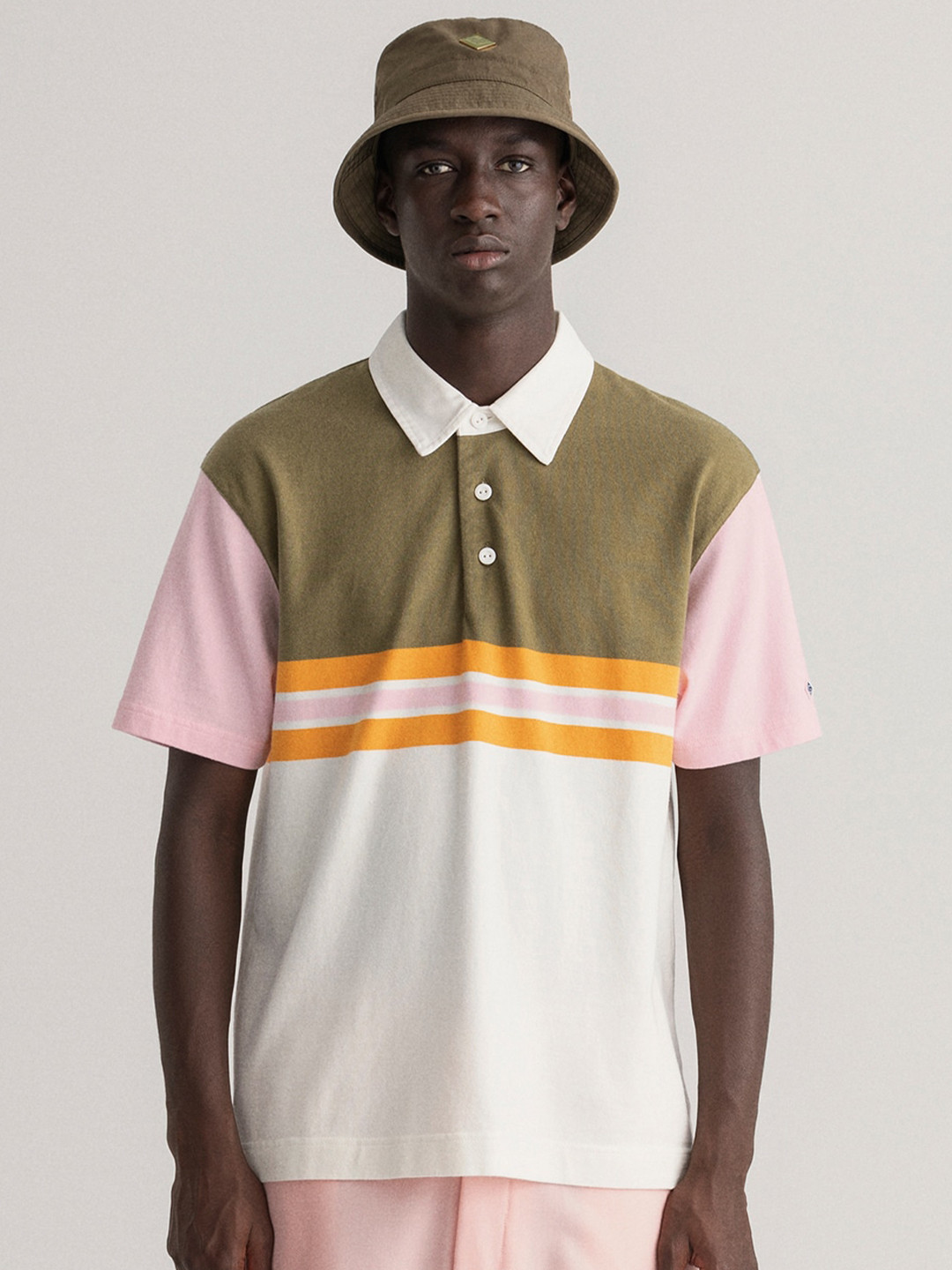 GANT Men Green & White Colorblocked Polo Collar Cotton T-shirt