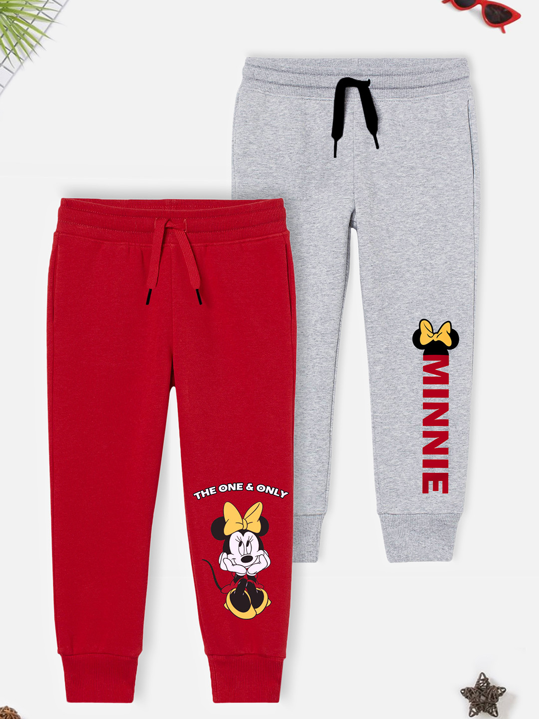 YK Disney Girls Pack Of 2 Grey & Red Minnie Mouse Printed Joggers