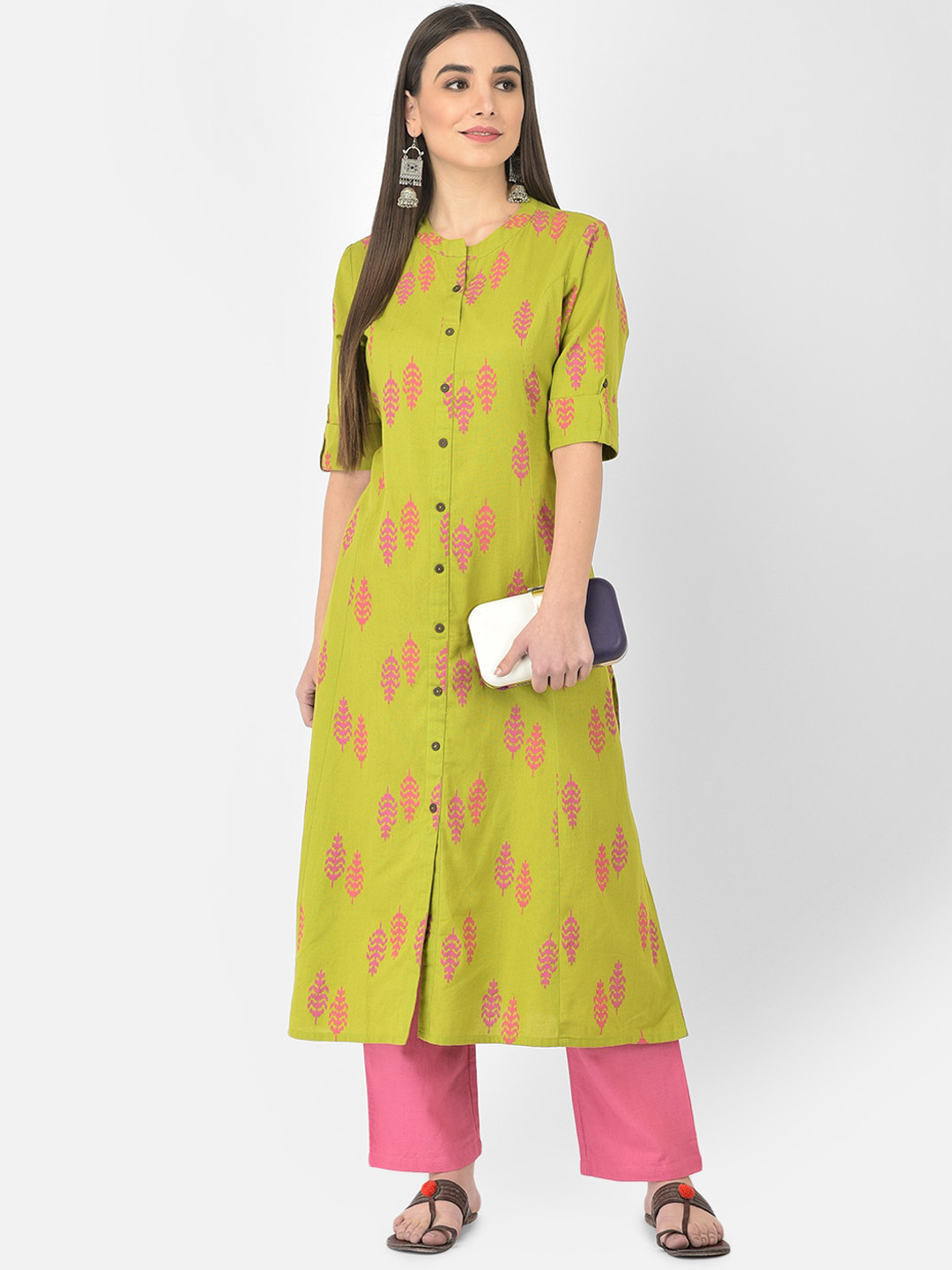 Pistaa Women Green Printed High Slit Kurta With Trouser