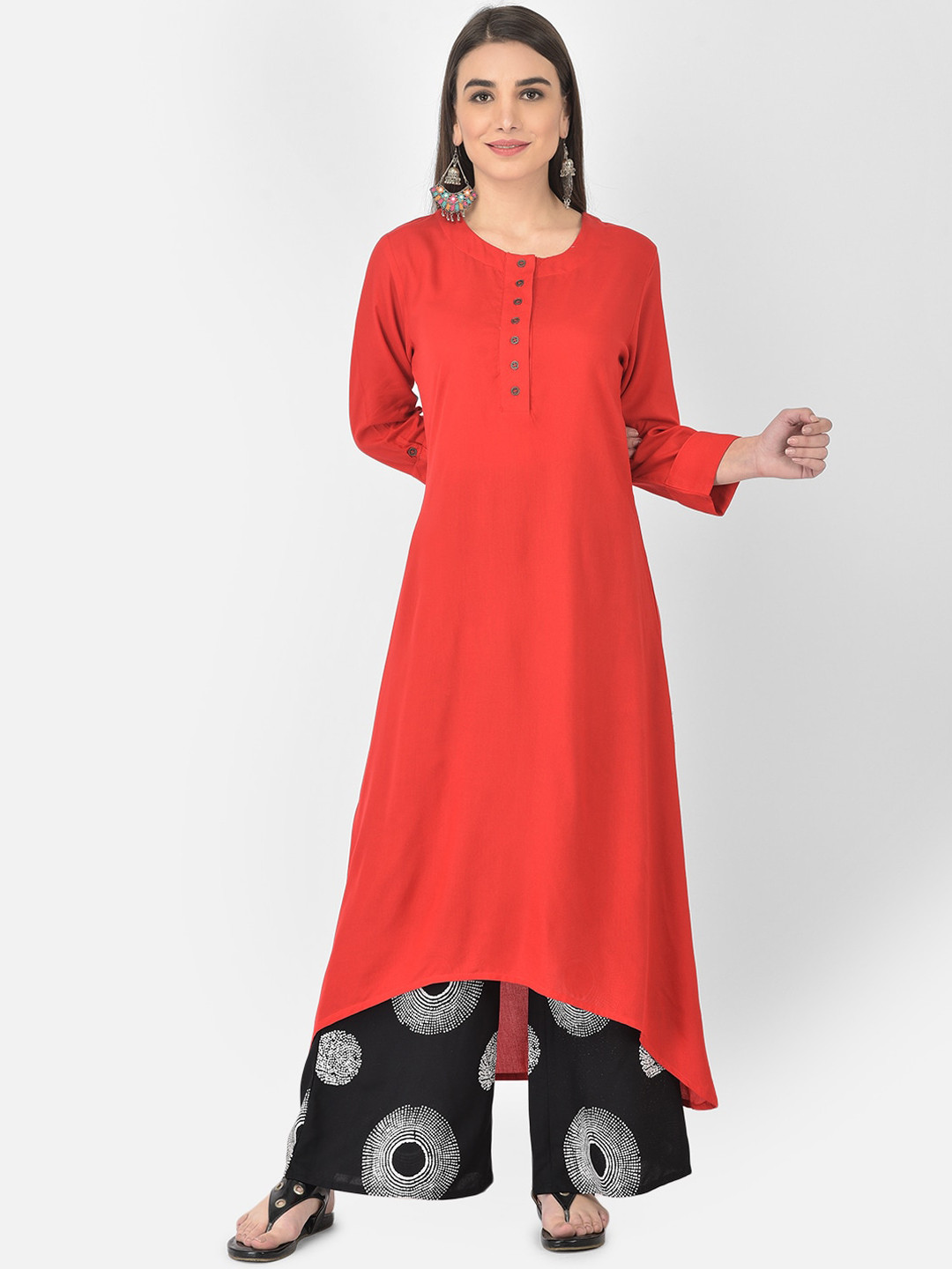 Pistaa Women Red Panelled Kurta With Palazzos