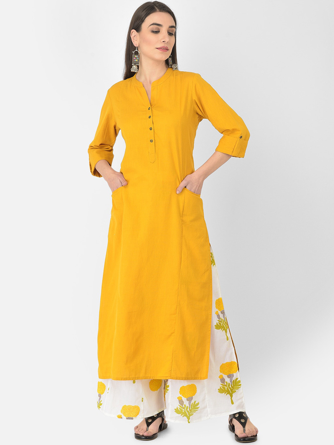 Pistaa Women Yellow Panelled Kurta With Palazzos