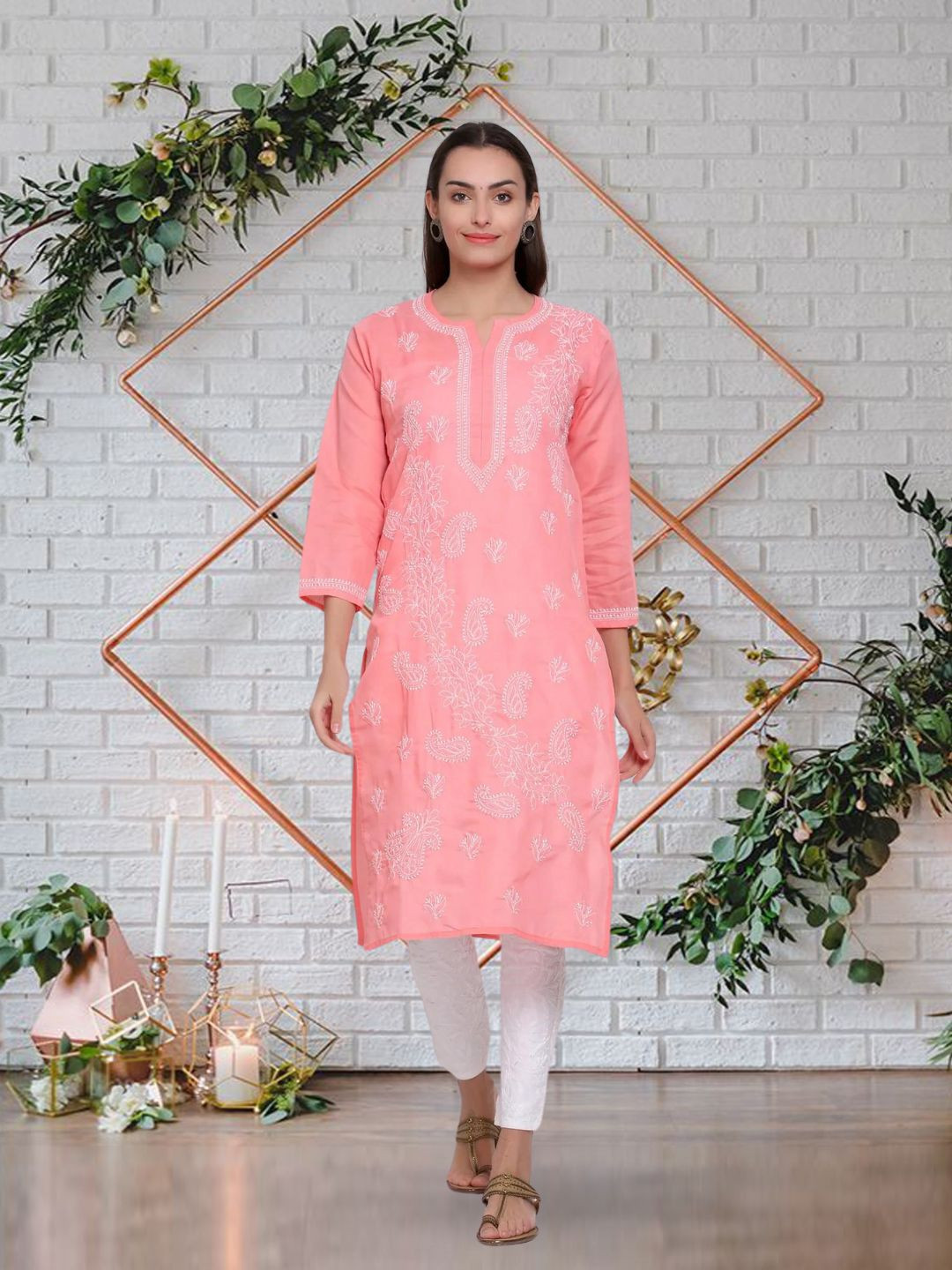 PARAMOUNT CHIKAN Women Coral Ethnic Motif Hand Embroidered Chikankari Cotton Kurta