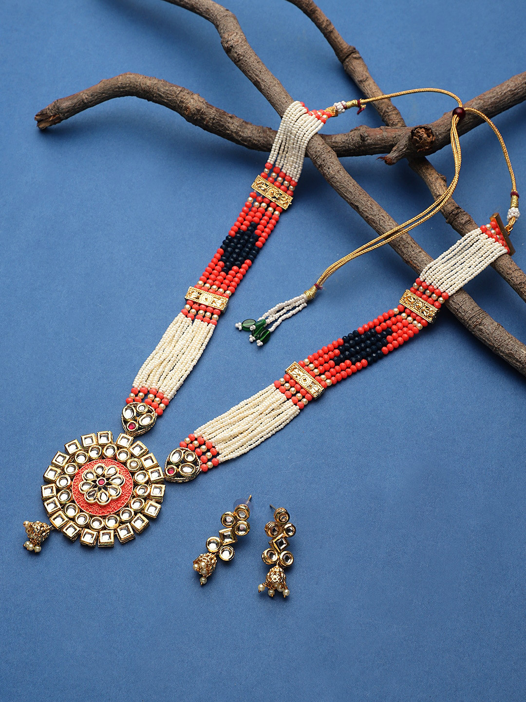 STEORRA JEWELS Gold-Plated White & Orange Kundan-Studded & Beaded Jewellery Set
