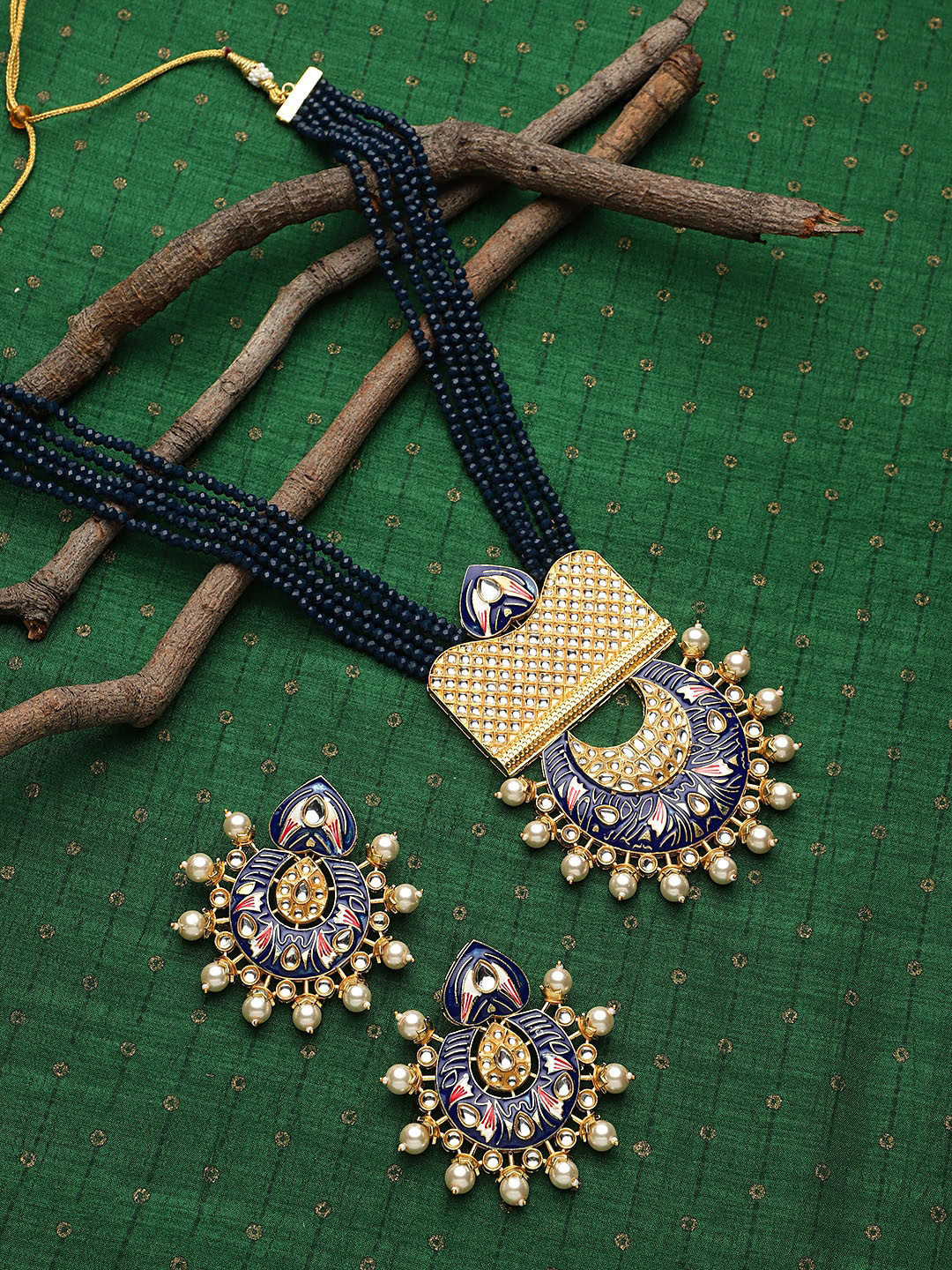 STEORRA JEWELS Blue and Gold-Plated Kundan Studded & Beaded Long Jewellery Set