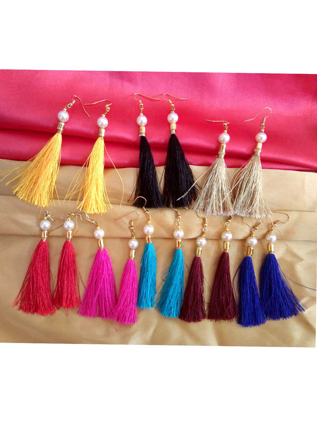 RICH AND FAMOUS Set Of 8 Multicoloured Tasseled Contemporary Drop Earrings