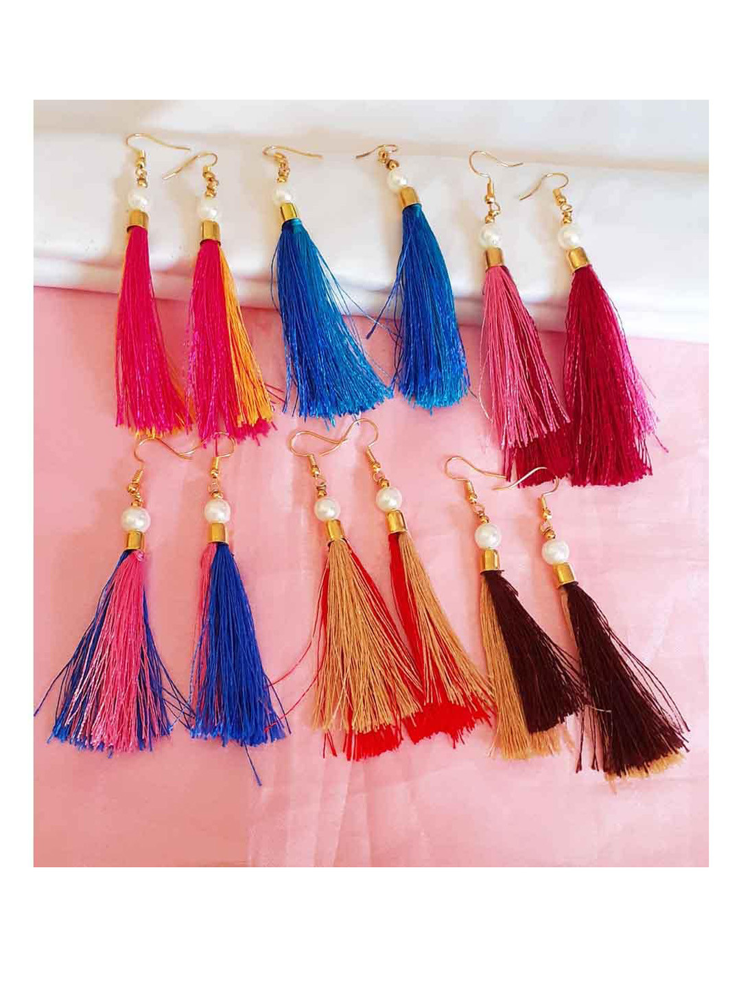 RICH AND FAMOUS Set Of 7 Multicoloured Tasseled Contemporary Drop Earrings