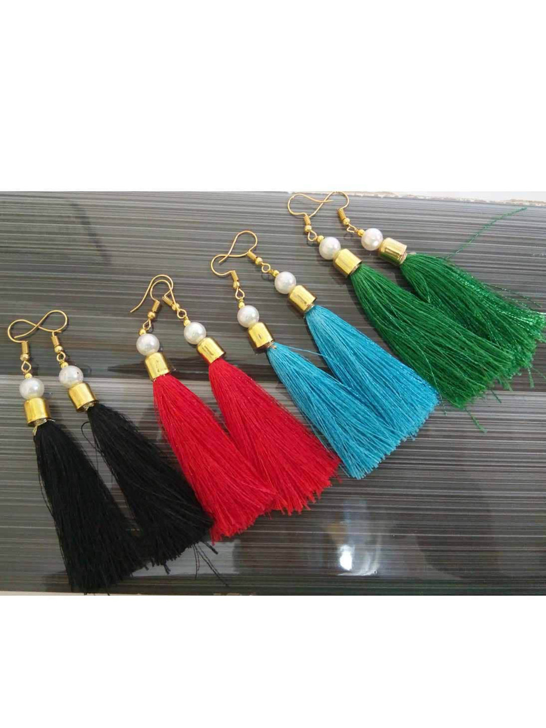 RICH AND FAMOUS Set of 4 Pairs Gold-Plated Contemporary Small Tassel Drop Earrings