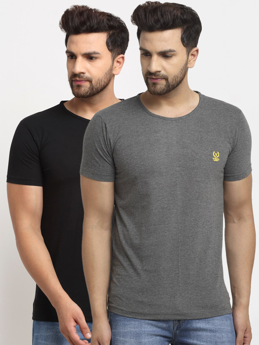 MACK JONNEY Men Solid Grey & Black T-shirt Pack of 2