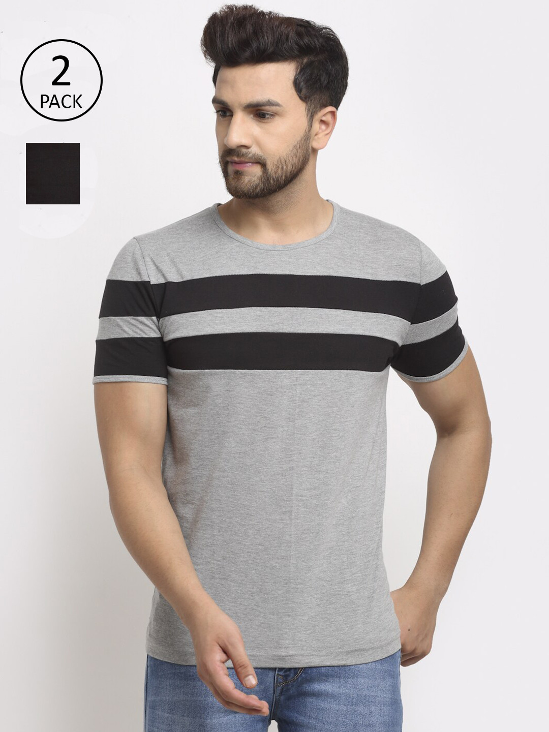 MACK JONNEY Men Solid Grey & Black T-shirt Pack of 2