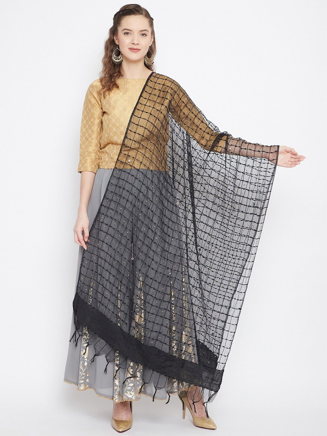 Clora Creation Black Checked Organza Sequinned Net Dupatta