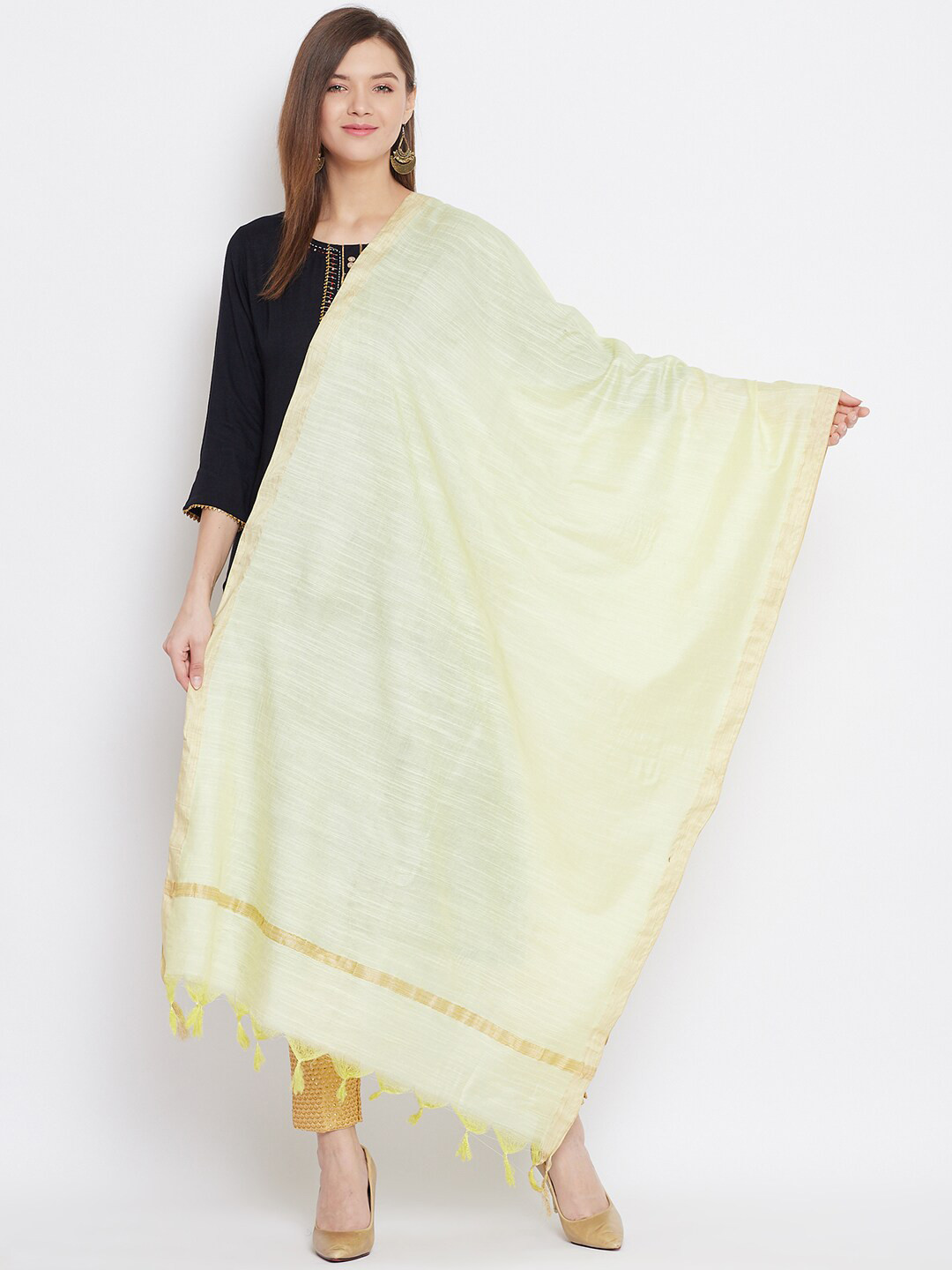 Clora Creation Lime Green & Gold-Toned Cotton Tussar Dupatta
