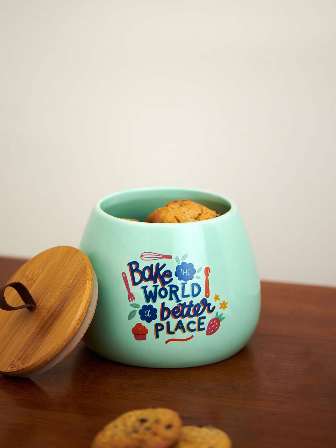 Chumbak Sea-Green & Brown Printed Bake The World Better Place Mint Mason Jar 300 ml