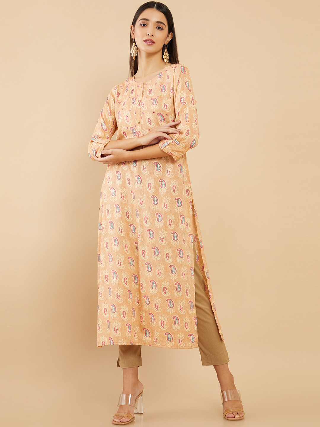 Soch Beige Paisley Printed Straight Rayon Kurta