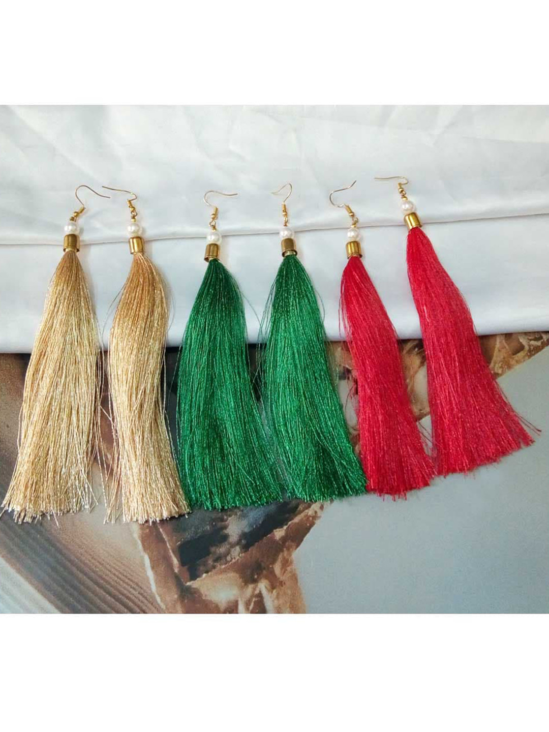 RICH AND FAMOUS Set Of 3 Gold-Plated Red & Green Tasseled Contemporary Drop Earrings