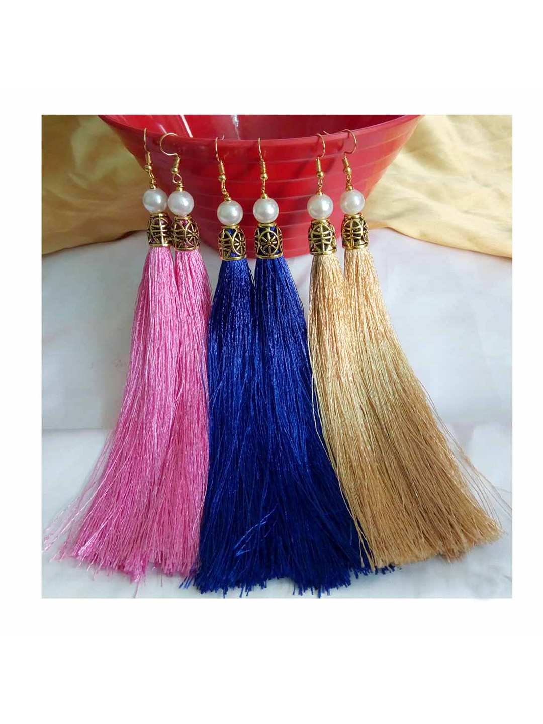 RICH AND FAMOUS Set of 3 Gold-Plated Contemporary Tassel Drop Earrings