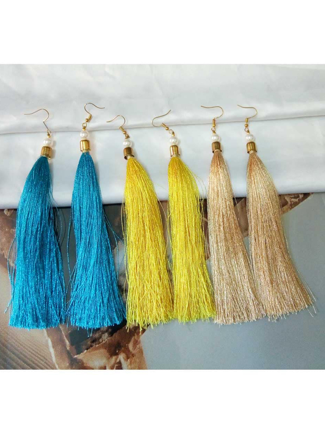 RICH AND FAMOUS Set of 3 Yellow & Blue Tassel Drop Earrings
