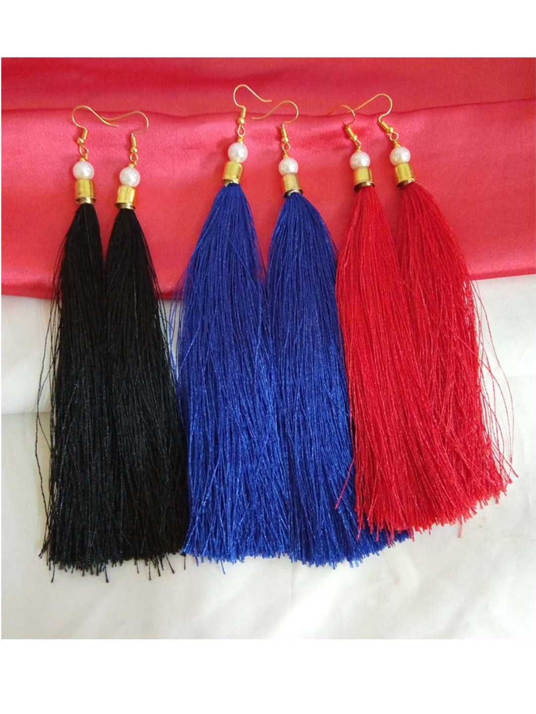 RICH AND FAMOUS Black & Red Contemporary Long Tassel Drop Earrings
