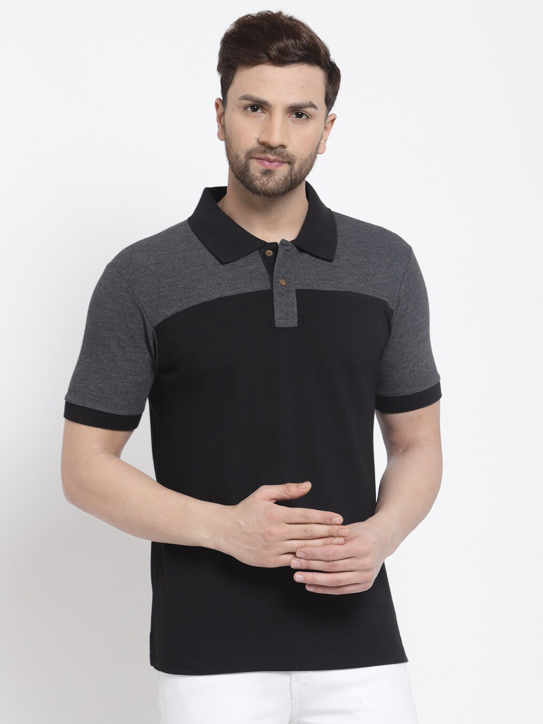 Kalt Men Black & Grey Colourblocked Polo Collar T-shirt