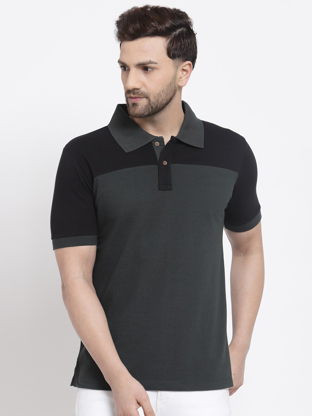 Kalt Men Green & Black Colourblocked Polo Collar T-shirt