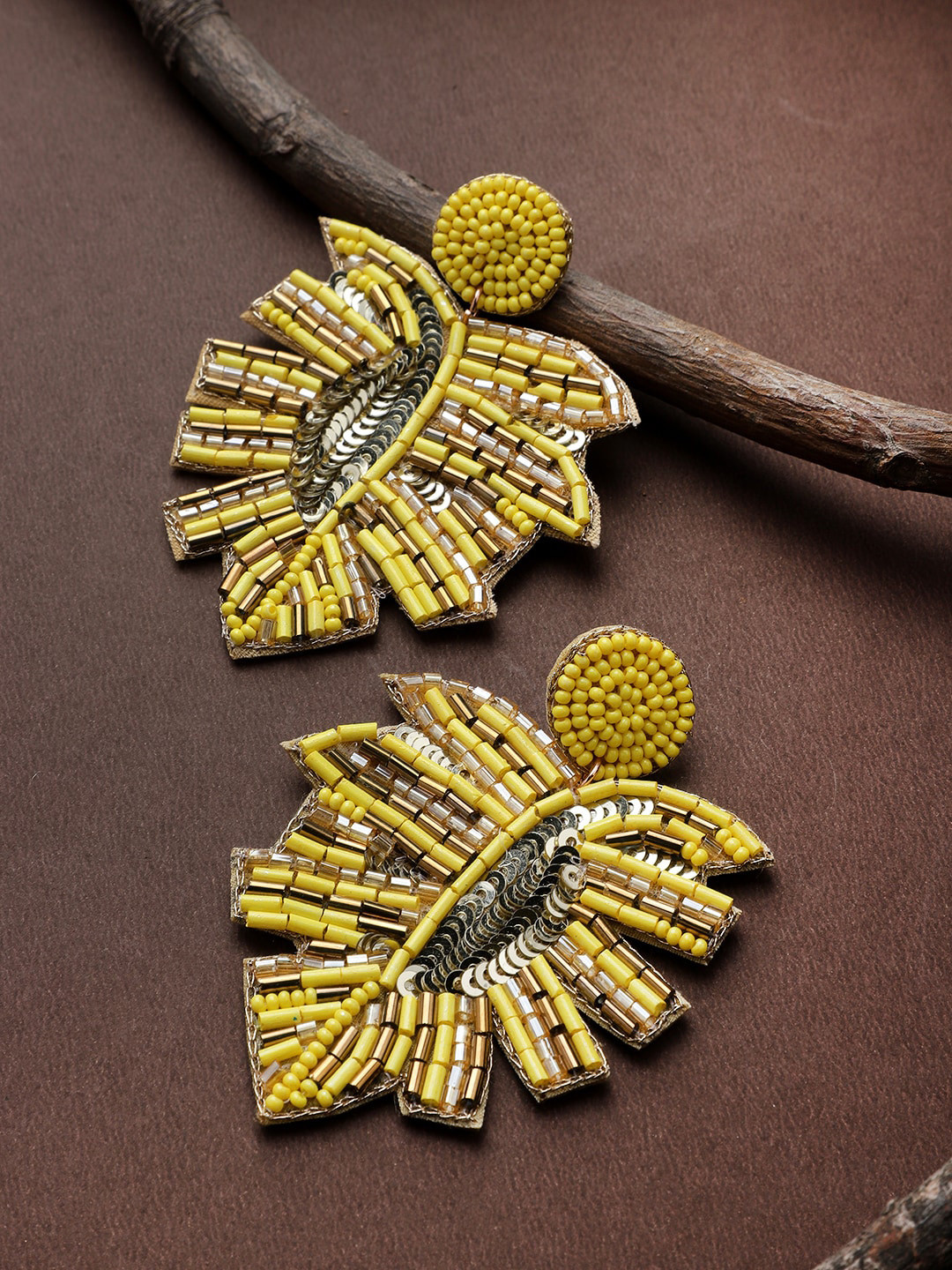 Mali Fionna Yellow Artificial Beads Studded Leaf Shaped Drop Earrings