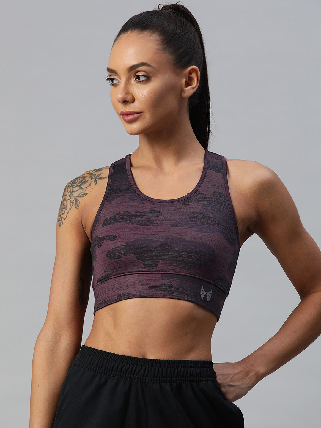 skyria Purple & Black Abstract Print Tech-Dry Sports Bra