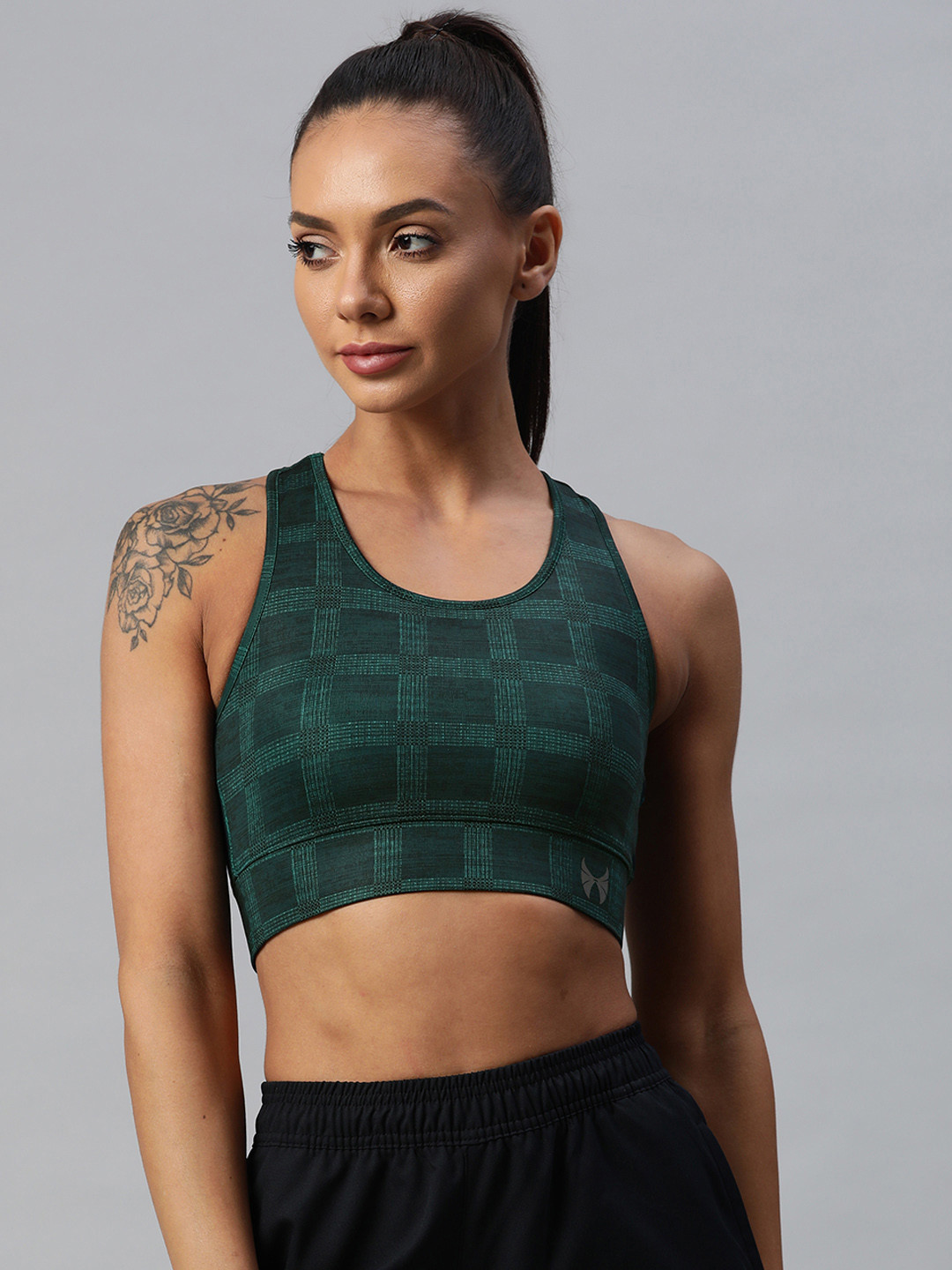 skyria Green Checked Tech-Dry Sports Bra