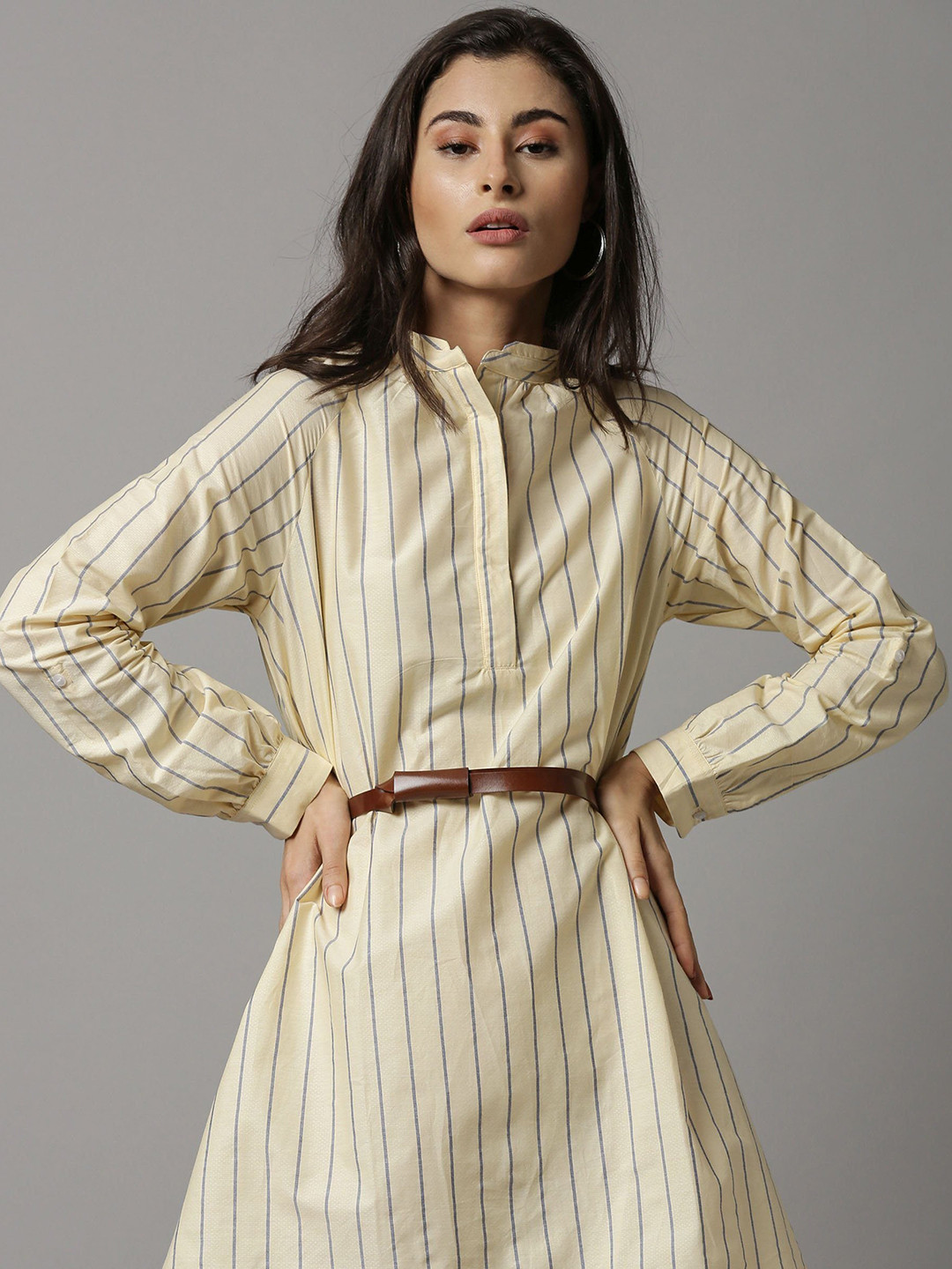 RAREISM Yellow & Grey Striped Cotton Shirt Dress