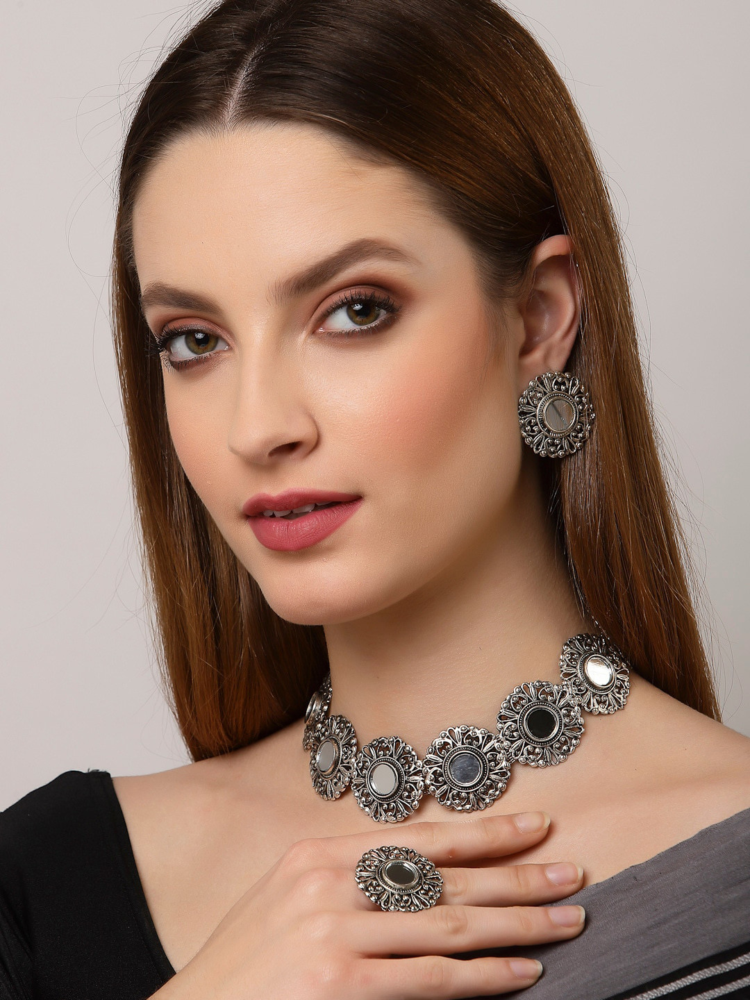 Arrabi Silver-Toned Mirror-Studded Oxidised Jewellery Set