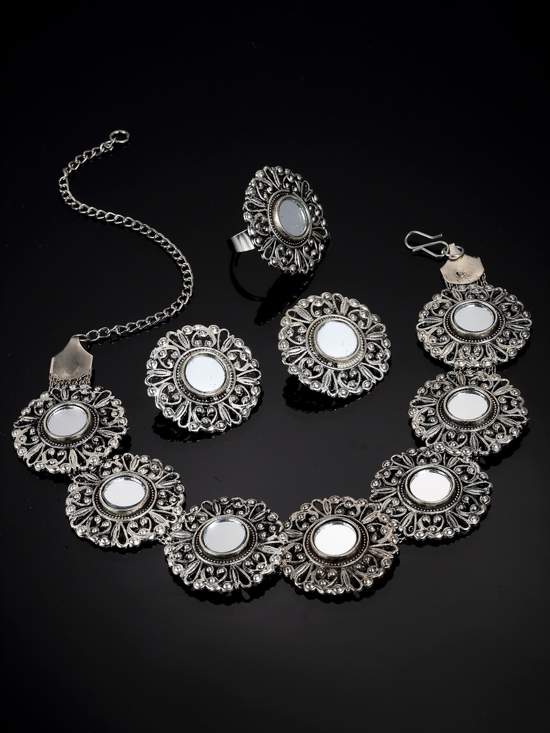 Arrabi Silver-Toned Mirror-Studded Oxidised Jewellery Set