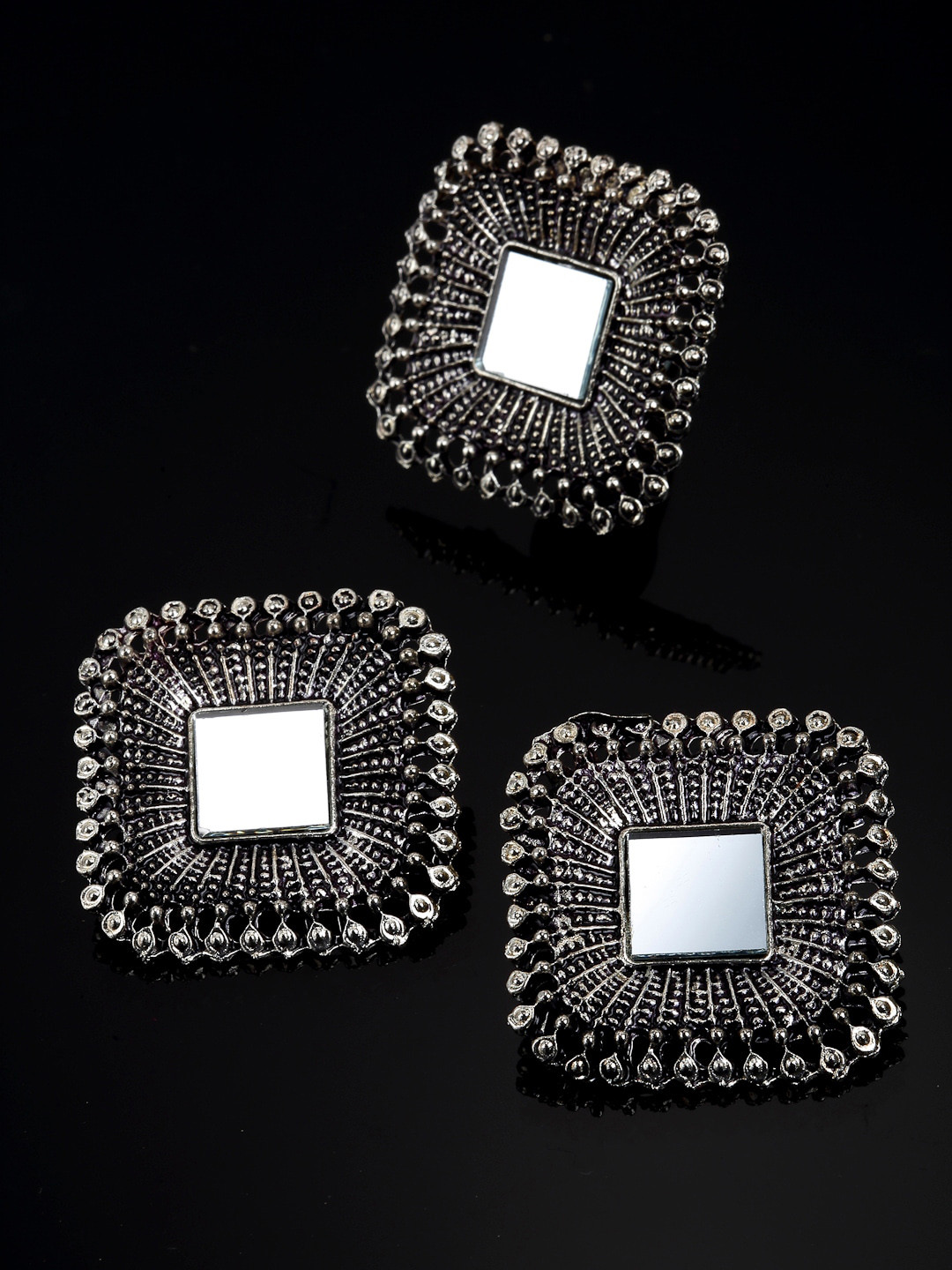 Arrabi Silver-Toned Square Shaped Studs Earrings set with a Ring