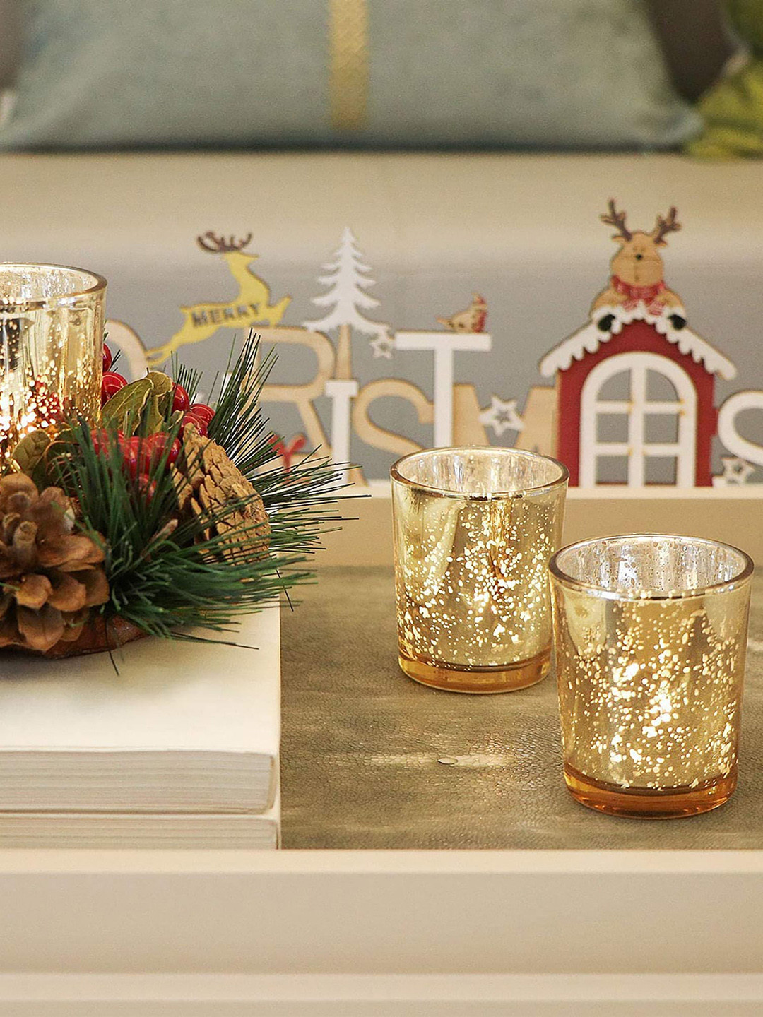 Homesake Gold-Toned Set of 10 Mercury Silver Printed Glass T-Light Holder