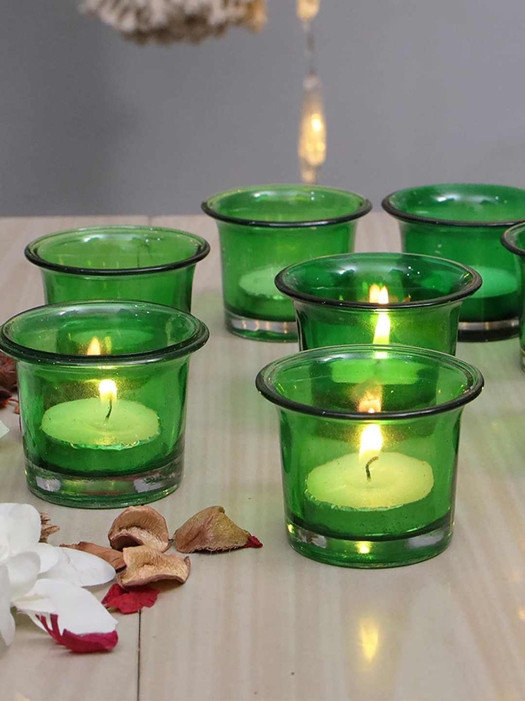 Homesake Set Of 6 Green Collar Glass Tea Light Candle Holder