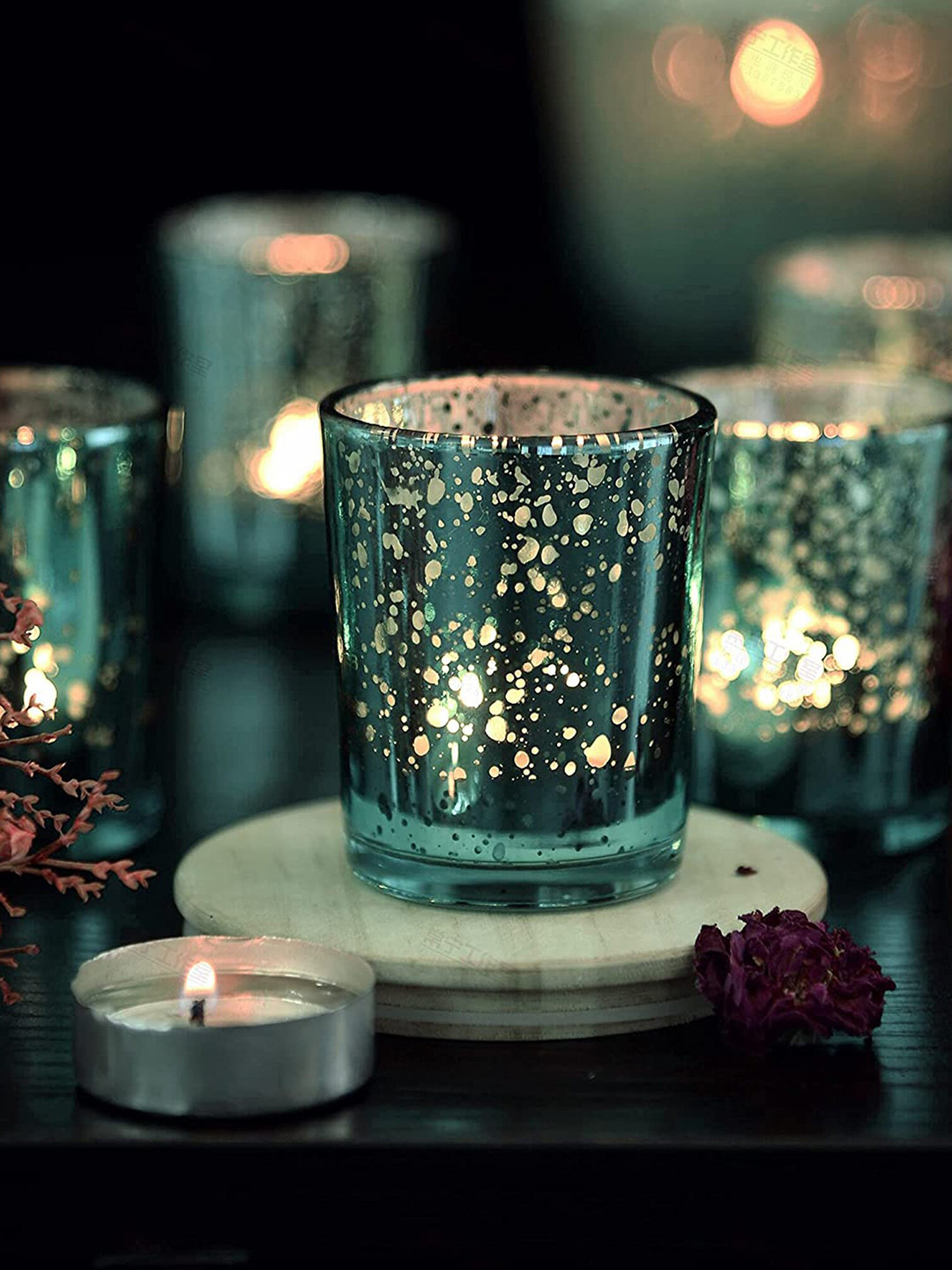 Homesake Set of 10 Turquoise Blue & Silver-Toned Tealight Holder with Tealight