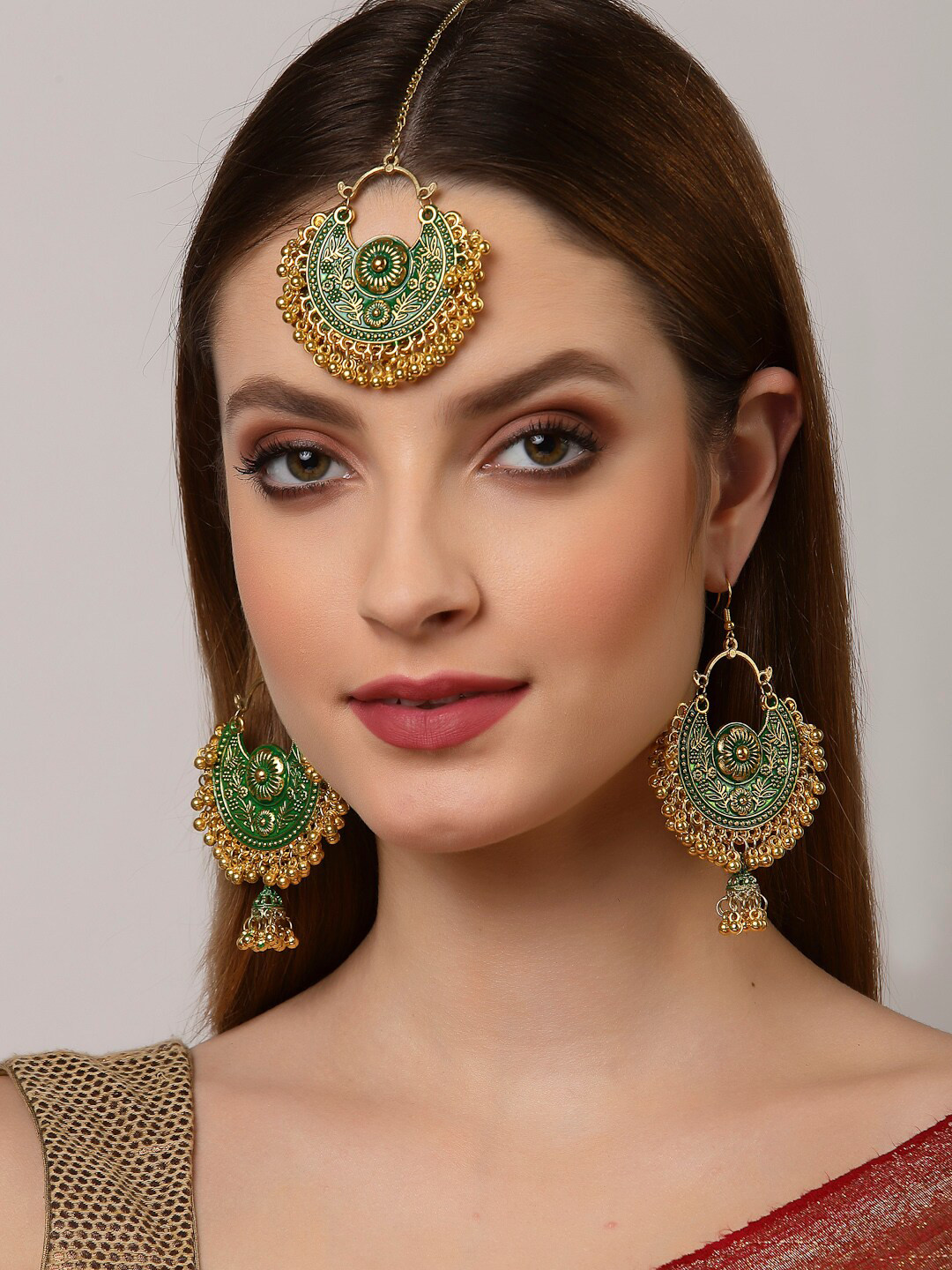 Arrabi Green & Gold-Plated Enamelled Maang Tika & Earrings Set