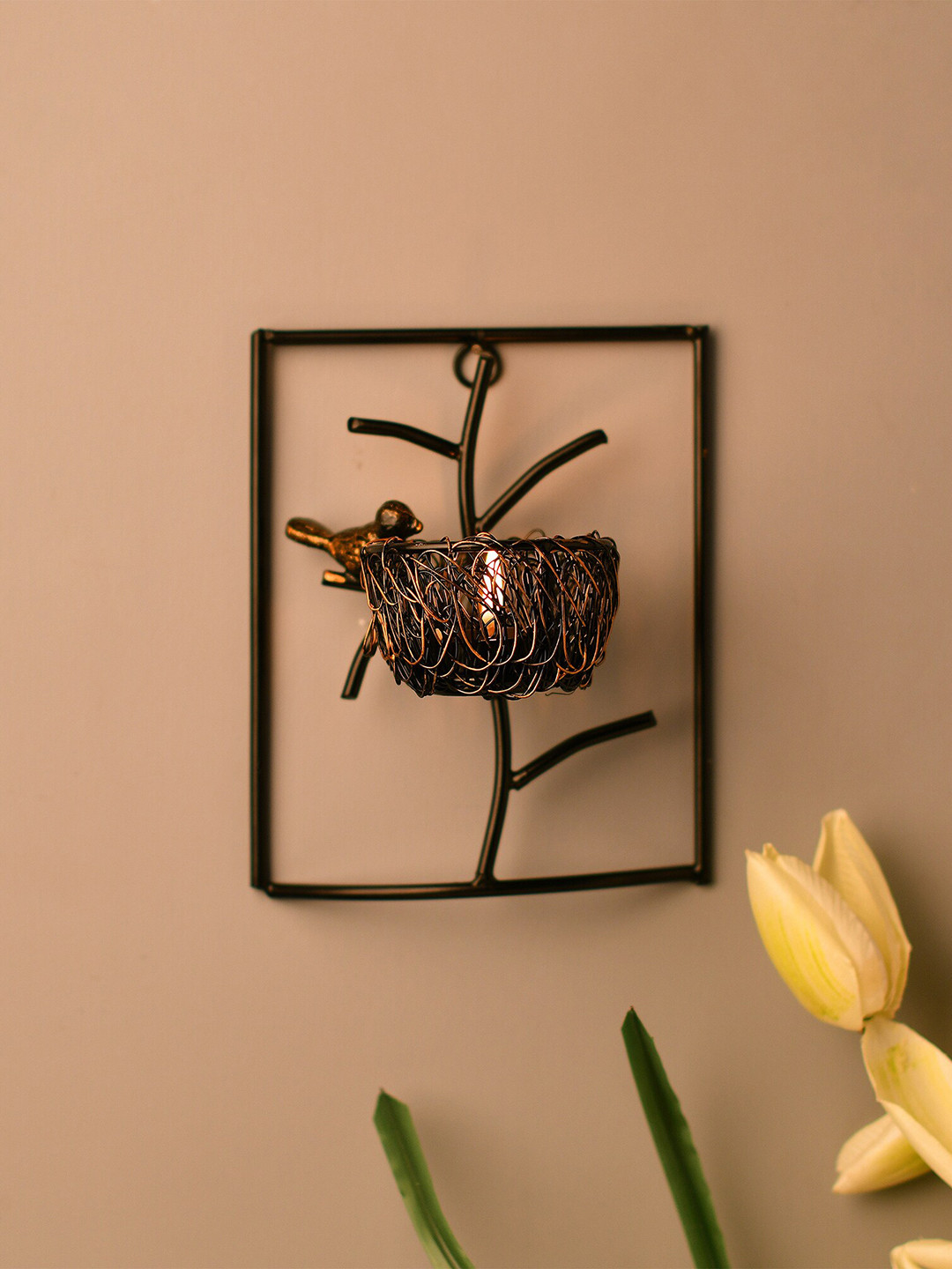 Homesake Black Wall Bird With Nest Leaf Designed Candle Holders