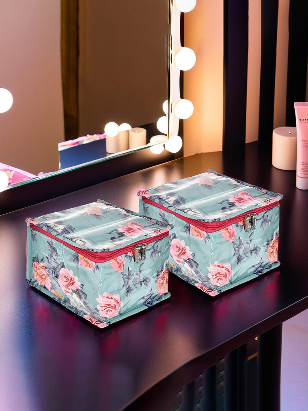 Kuber Industries Set Of 2 Green & Pink Printed Jewellery Organisers With 10 Transparent Pouches