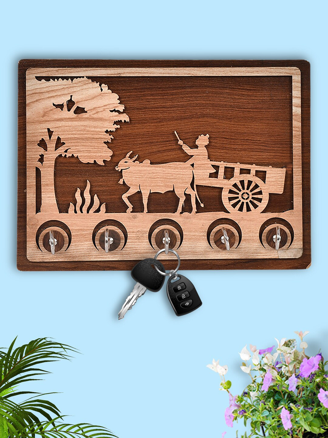 Kuber Industries Brown Wooden Key Holder With 5 Hooks
