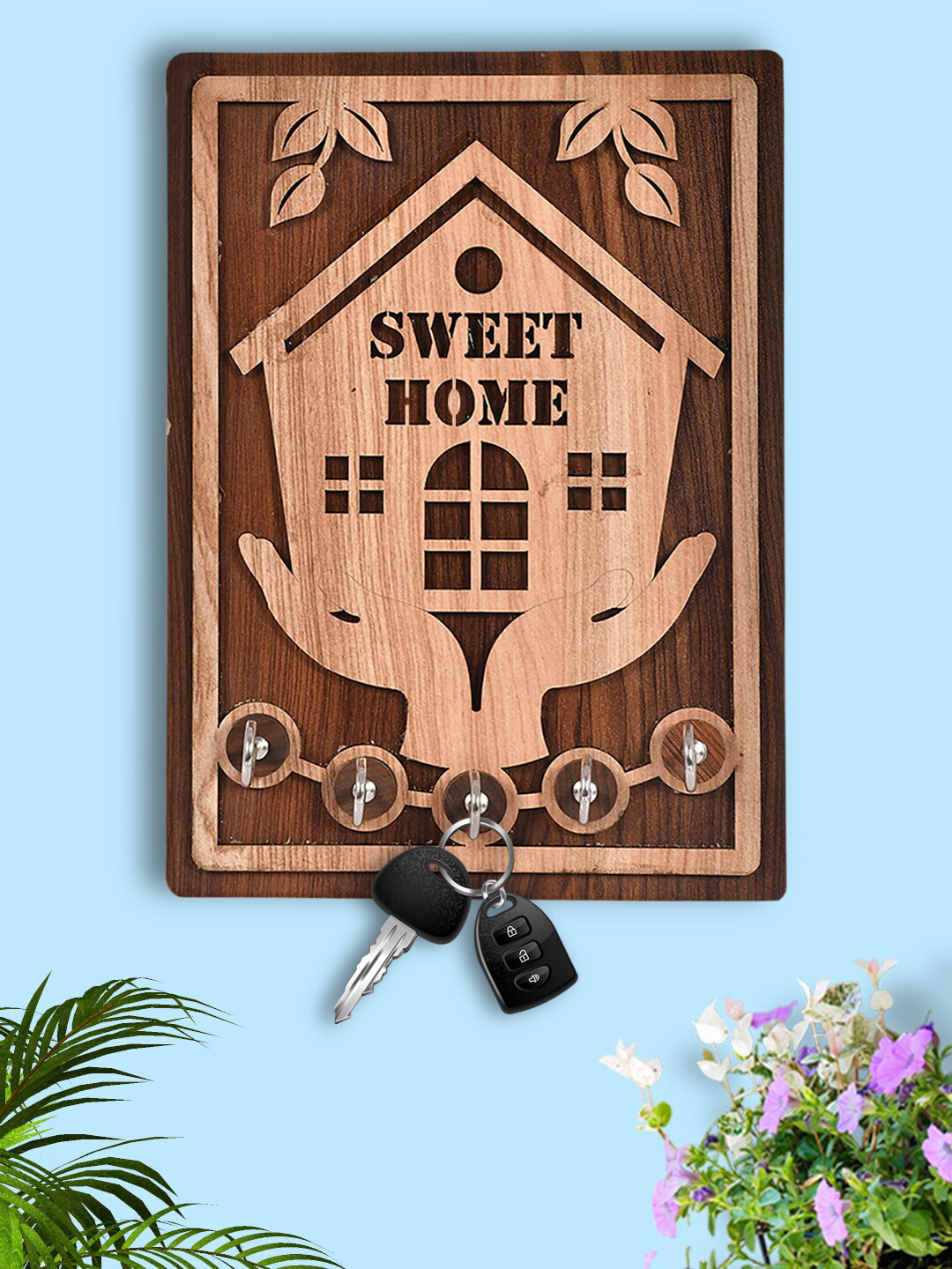 Kuber Industries Brown Wooden Key Holder With 5 Hooks