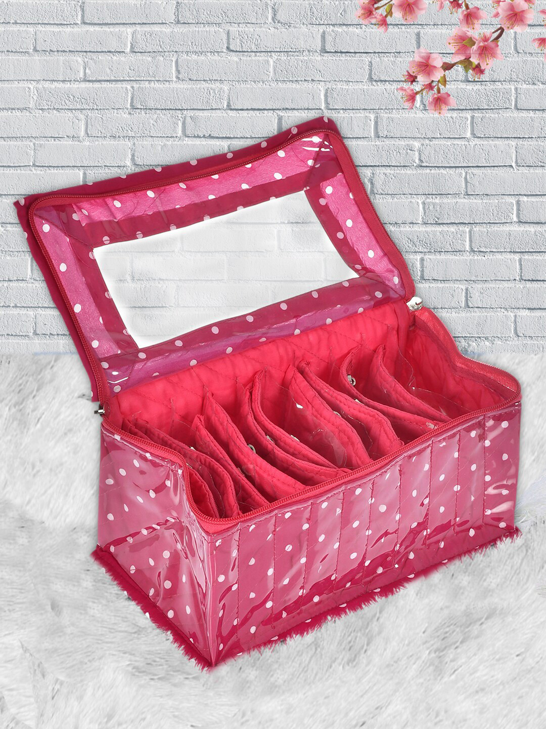 Kuber Industries Pink  & White Dot Printed Laminated Jewellery Organiser Bag With 10 Transparent Pouches