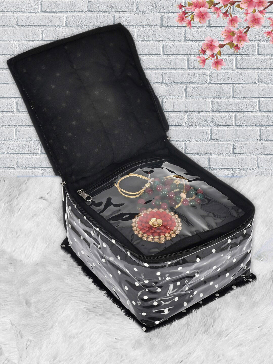 Kuber Industries Black Dot Printed Jewellery Organisers With 10 Transparent Pouches