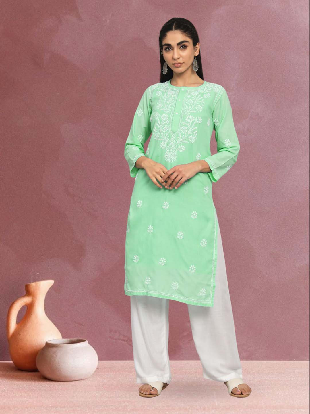 PARAMOUNT CHIKAN Women Sea Green Hand Embroidered Chikankari Kurta