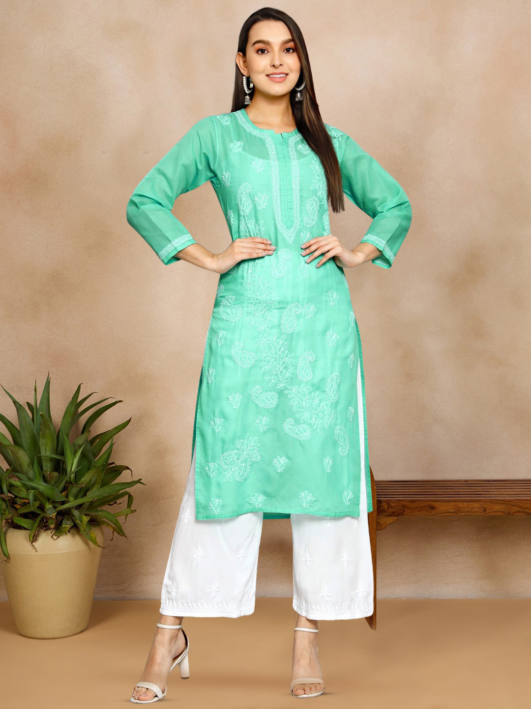 PARAMOUNT CHIKAN Women Sea Green Ethnic Motifs Embroidered Chikankari Kurta