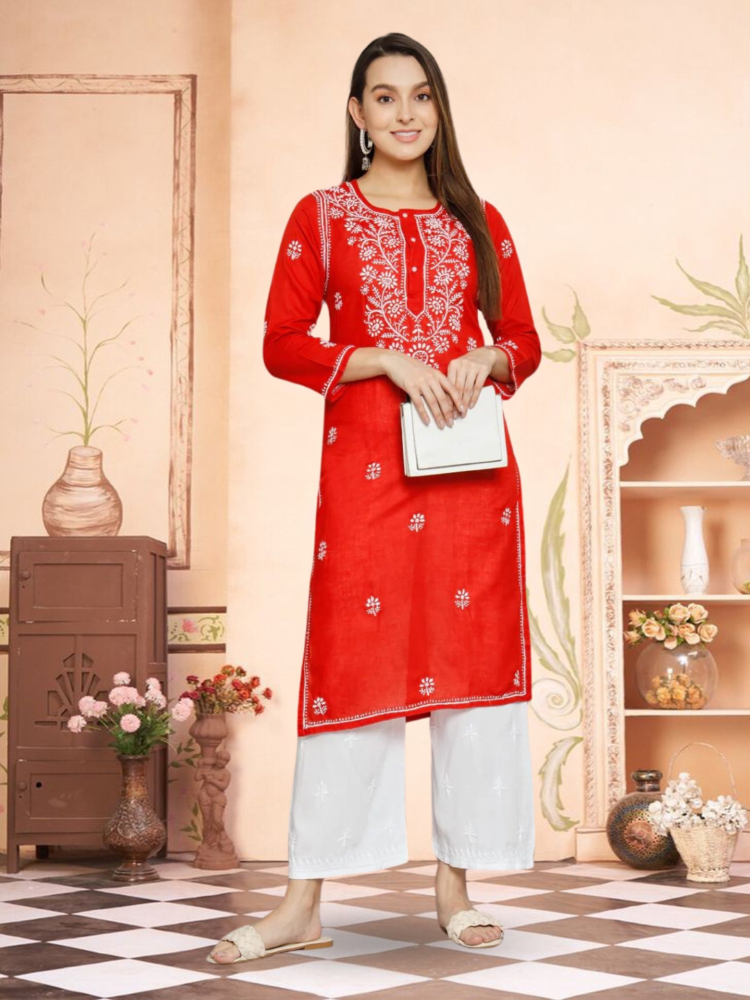PARAMOUNT CHIKAN Women Red Cotton Embroidered Chikankari Straight Kurta