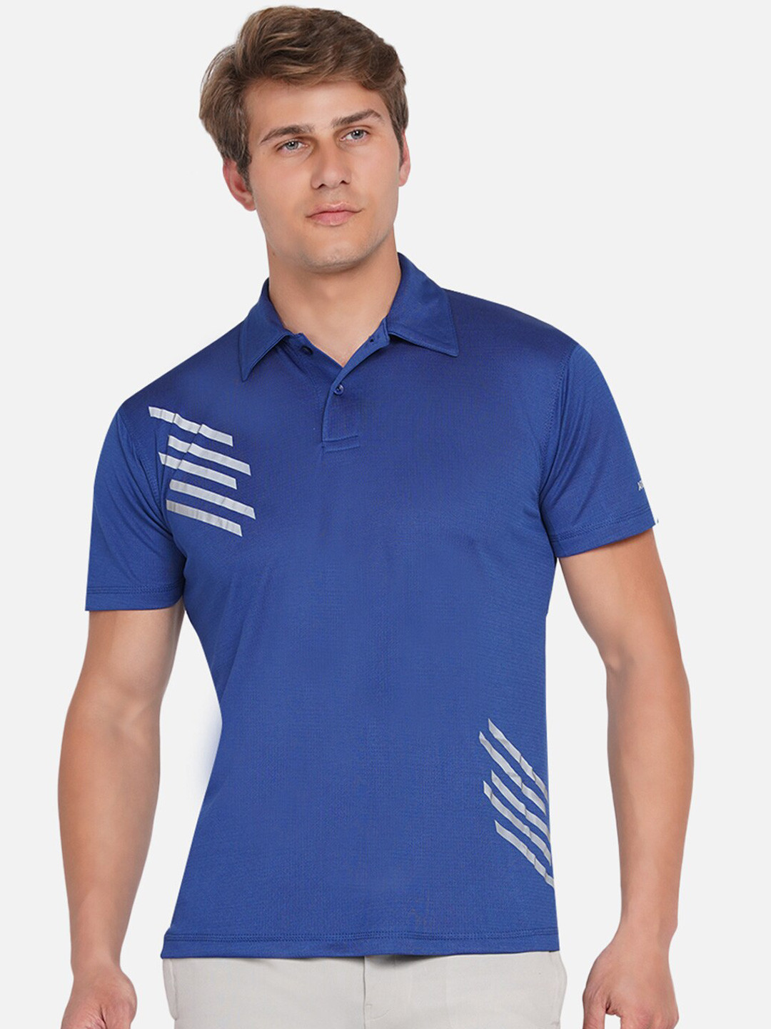 ARMISTO Men Blue & White Printed Polo Collar Dri-FIT Training or Gym T-shirt