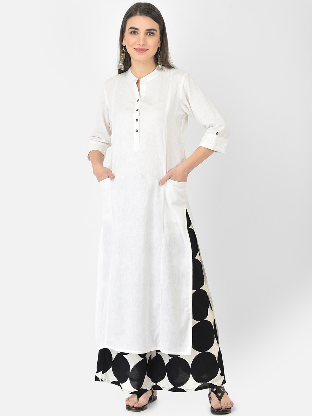Pistaa Women White Panelled Kurta With Palazzos